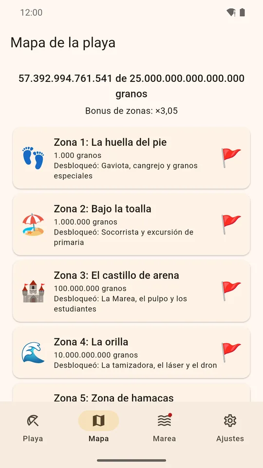 El mapa con las zonas completadas marcadas con una bandera.