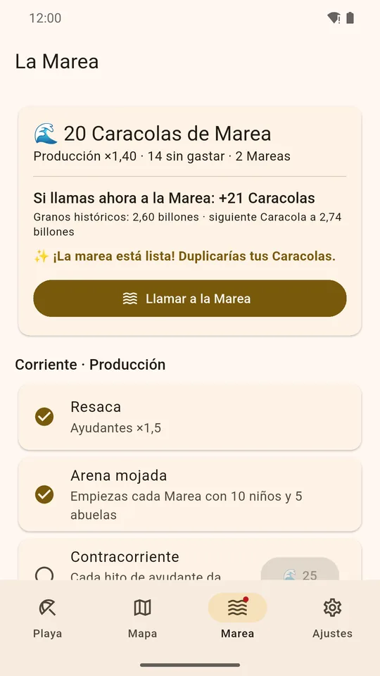 La pantalla de la Marea con las Caracolas y el botón para llamarla.