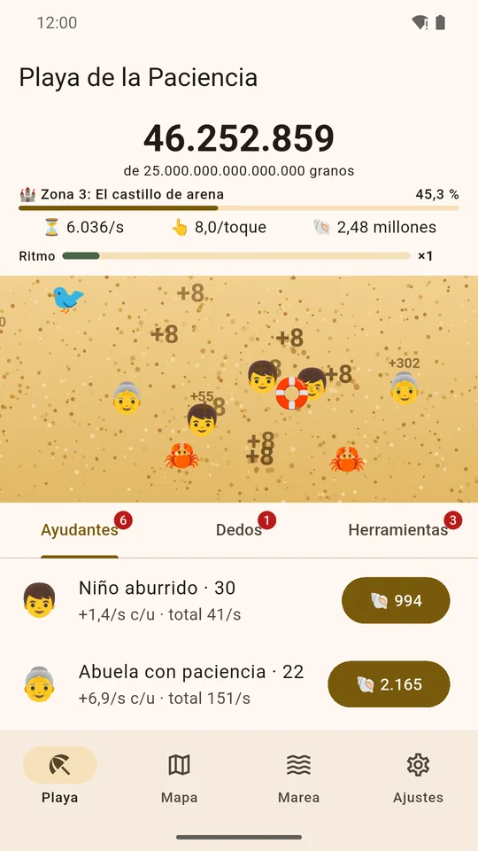 La pantalla de la Playa: el contador de granos, la zona en curso y los ayudantes contando en la arena.